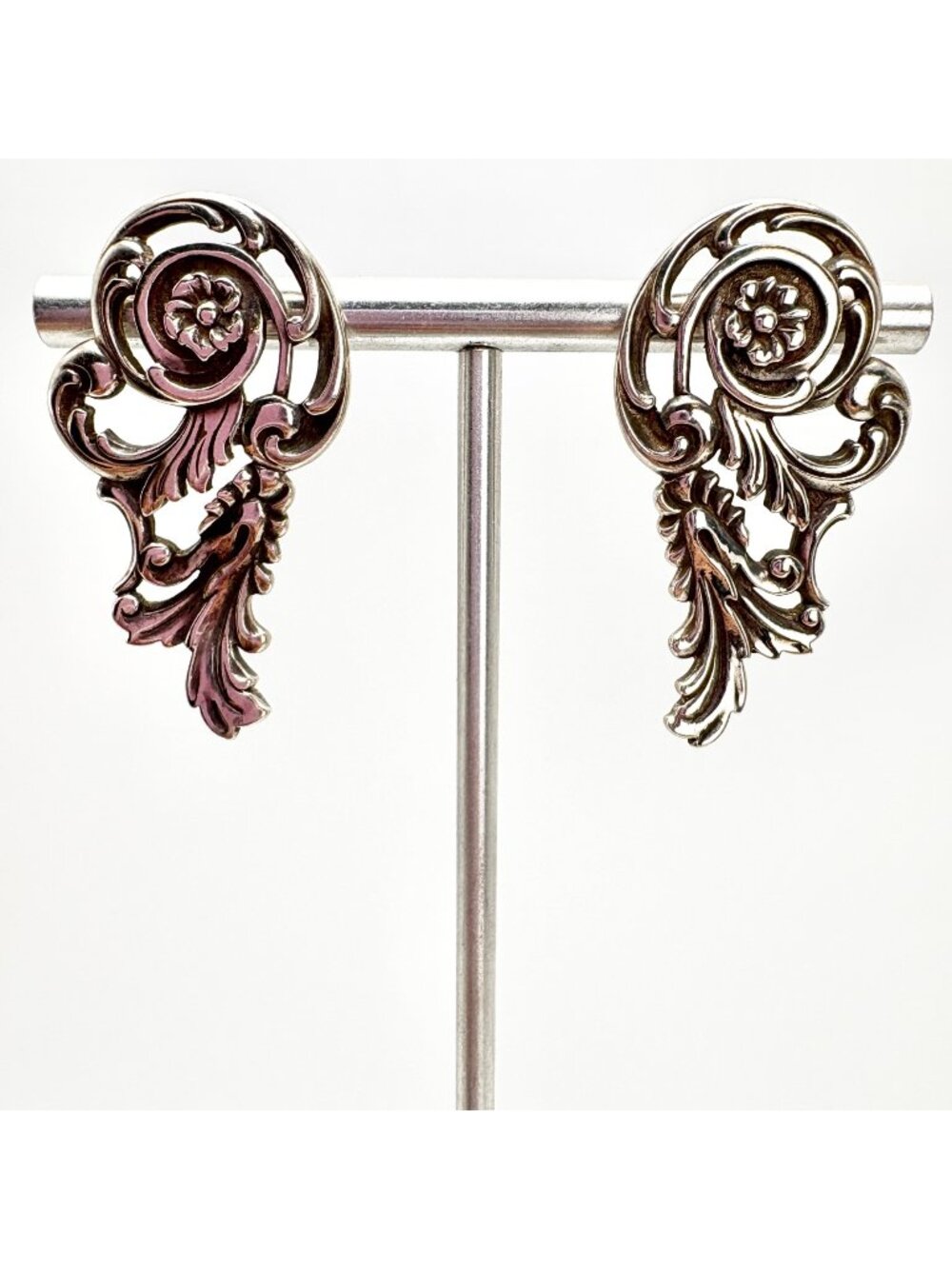 Intricate Floral Scroll Sterling Silver 925 Stud Earrings Size 1.5" Length
